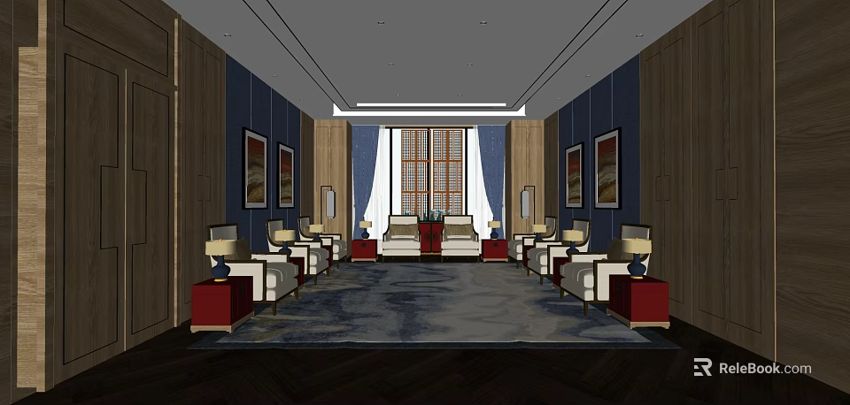 Hotel Public Lounge Area Interior With Comfortable Sofas Armchairs Patterned Rug And Decorative Paintings 3d model 