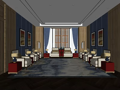 Hotel Public Lounge Area Interior With Comfortable Sofas Armchairs Patterned Rug And Decorative Paintings 3d model