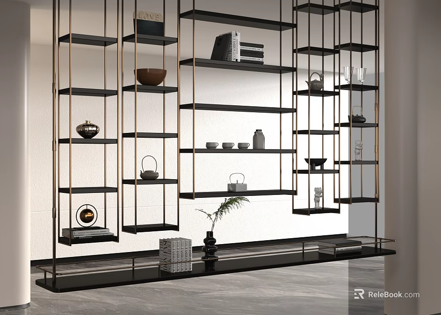 Modern Black Metal Shelving Unit With Multi Layer Design And Decorative Items 3d model 