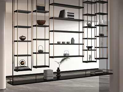 Modern Black Metal Shelving Unit With Multi Layer Design And Decorative Items 3d model