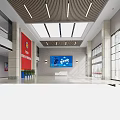 Modern Lobby Reception Desk with Large Screen Decorative Wall and Green Plants 3d model