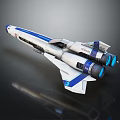 Futuristic Blue And White Spaceship With Streamlined Fuselage Multiple Blue Engines And Aerodynamic Tail Fins