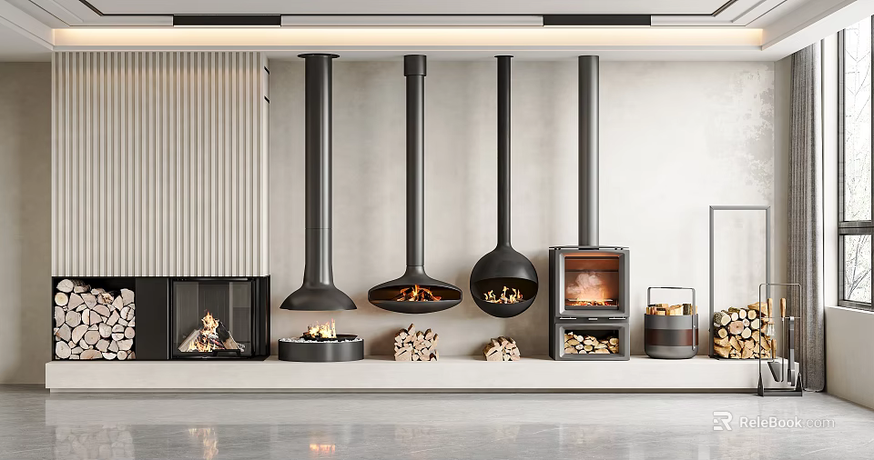 Modern Fireplaces with Vertical Chimneys on Grey Wall and Stacked Wood Piles in Contemporary Interior 3d model 