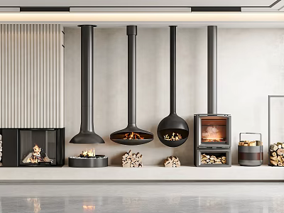 Modern Fireplaces with Vertical Chimneys on Grey Wall and Stacked Wood Piles in Contemporary Interior 3d model