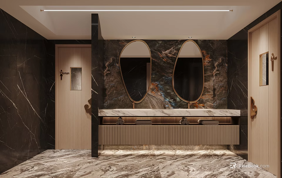 Modern Luxury Public Restroom Interior With Marble Walls And Mirrors 3d model 