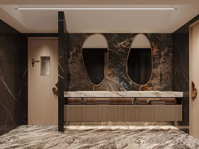 Modern Luxury Public Restroom Interior With Marble Walls And Mirrors 3d model