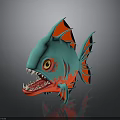 Cartoon Turquoise Fish With Red Fins Yellow Eyes And Sharp Teeth