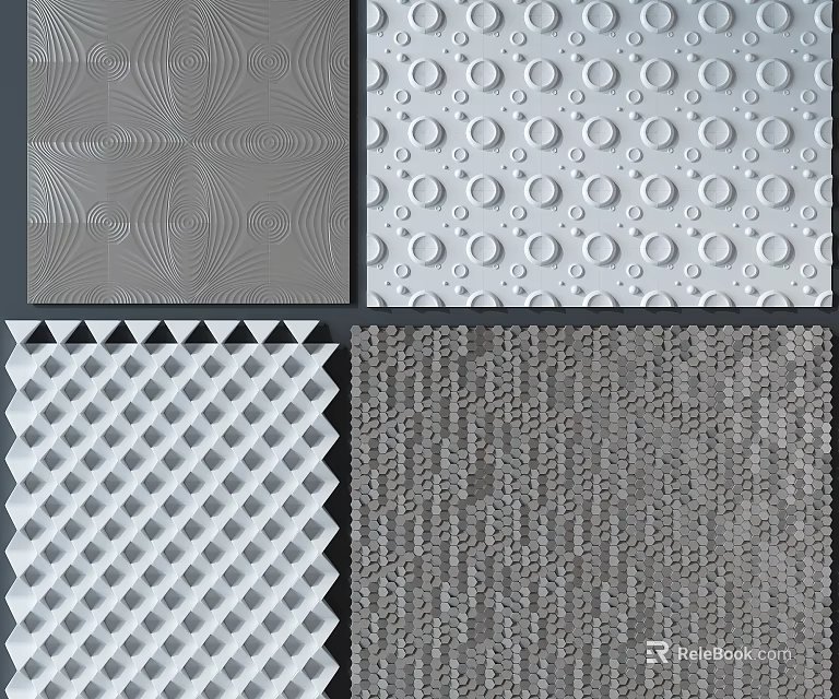 Textured Gray And White Wall Surfaces With Various Wave Circular Triangle Weave Patterns 3d model 