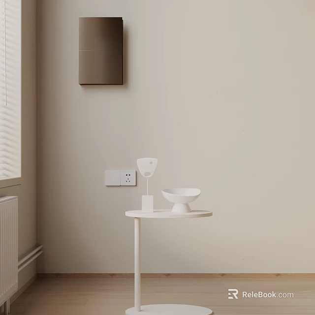 White Modern Side Table in Room Corner with Window and White Bowl Decor 3d model 