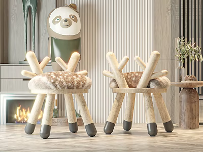 Adorable Deer Shaped Children's Chairs with Wooden Legs Spotted Fabric and Non Slip Pads 3d model