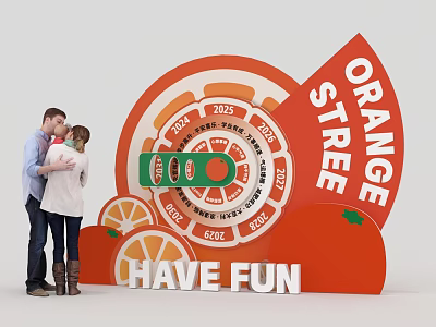 Vibrant Orange Strange Street Photo Spot with Couple Green Car Year Numbers and Have Fun 3d model