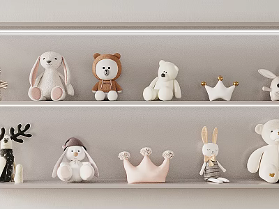 Plush Rabbit Bear And Crown Toys In White Brown Pink On Shelves 3d model