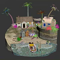 Cute Cartoon Island Scene Featuring Small Houses Palm Trees Boat And Pink Flowers