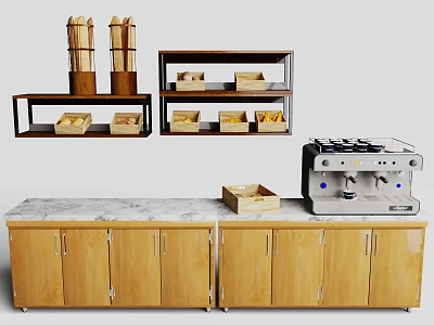 Wooden Storage Cabinets And Wall Mounted Multi Tiered Shelves With Marble Countertop Near Coffee Machine 3d model