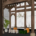 Traditional Tea Room Interior With Wooden Beams Green Plants And Tea Sets