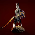 Mythical Game Character With Horned Armor Saw Sword Shield Stone Base Candles On Red Background