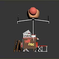 Red Hot Dog Shaped Canopy Cart With Striped Awning Chalkboard Sign And Stool