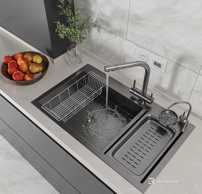 Double Bowl Stainless Steel Kitchen Sink With Drying Rack Faucet Water Flowing And Fruit Bowl 3d model 
