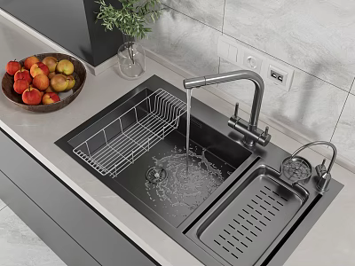 Double Bowl Stainless Steel Kitchen Sink With Drying Rack Faucet Water Flowing And Fruit Bowl 3d model