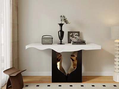 Modern Console Table with White Marble Top Black Gold Legs and Vase Decorative Box Books 3d model