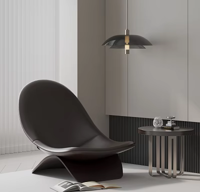 Modern Dark Brown Leather Accent Chair With Side Table And Vertical Stripes 3d model