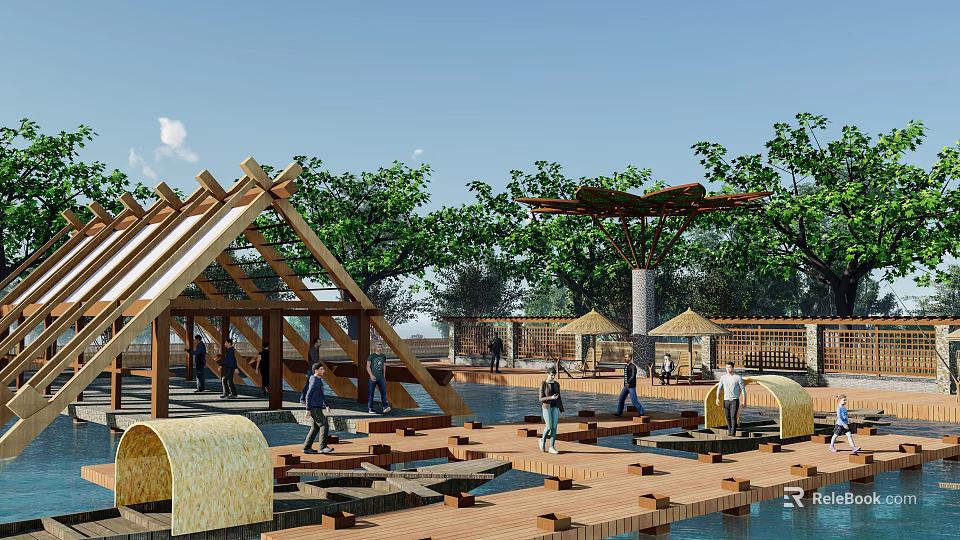 Scenic Outdoor Space Featuring Wooden Structures Water Platforms And People Walking 3d model 