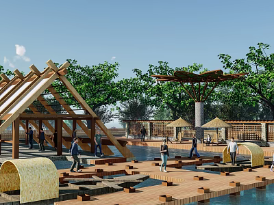 Scenic Outdoor Space Featuring Wooden Structures Water Platforms And People Walking 3d model