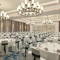 Spacious Banquet Hall Interior With Round Tables White Tablecloths Chair Ribbons And Chandeliers