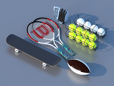 Assorted Sports Equipment Collection With Skateboard Tennis Rackets Balls Football And Baseball Glove 3d model