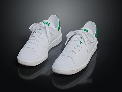 Sleek White Lace Up Sneakers With Green Accents And White Sole 3d model
