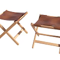 Wooden Frame Folding Stools With Brown Leather Seats For Home And Outdoor Use