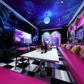 Starry Sky Ceiling KTV With Purple Sofas Mural Black White Checkered Floor Large Screen TV