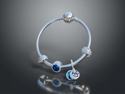 Silver Bracelet with Blue Gemstone Charm Pendant and Decorative Metal Beads 3d model