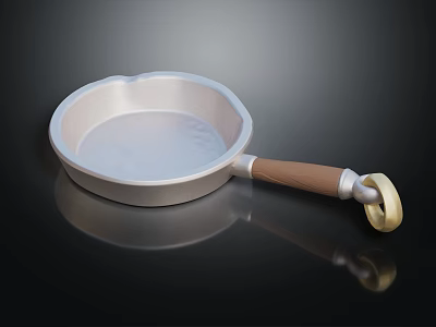 Silver Frying Pan With Wooden Handle And Golden End For Kitchen Use 3d model