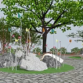 Scenic Park Landscape With Large Tree Colorful Ornaments Rocks Grass And Stone Paved Ground