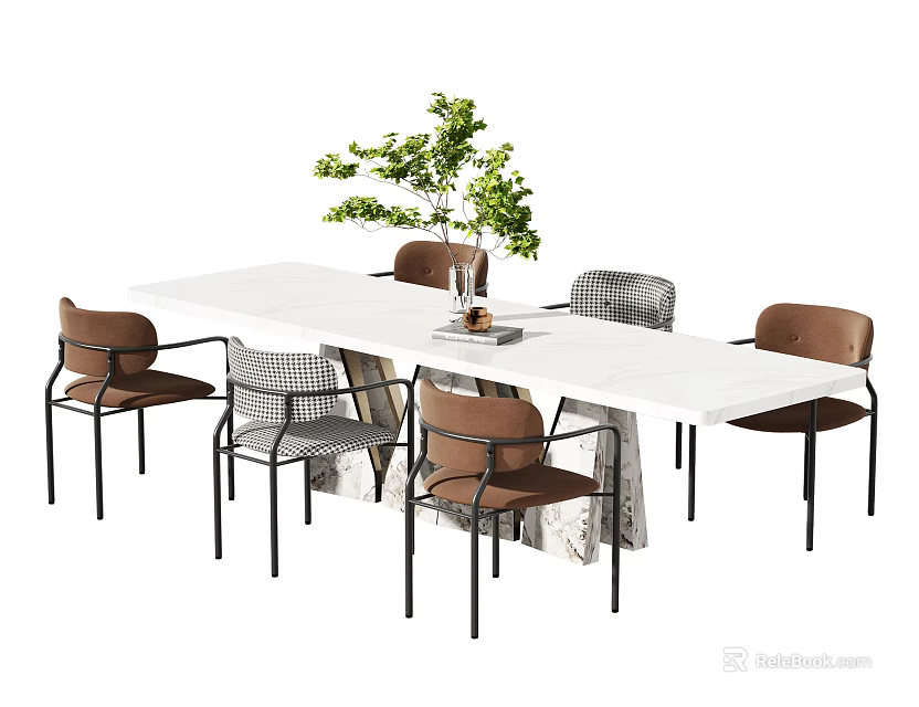 White Rectangular Dining Table Set With Mixed Design Brown Checkered Chairs And Green Plant 3d model