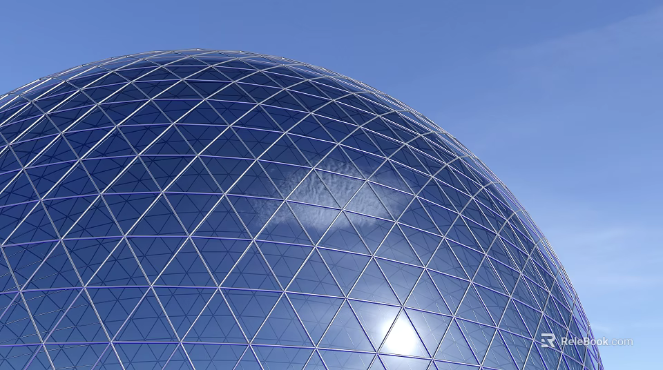 Spherical Glass Building With Grid Structure Against Clear Blue Sky 3d model