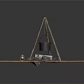 Primitive Tripod Cooking Scene With Hanging Pot Stones And Bow Arrow