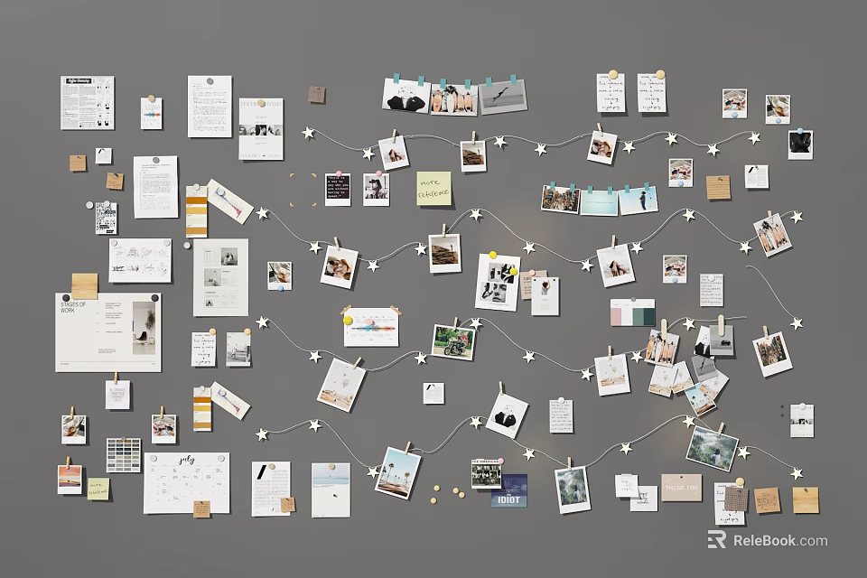 Creative Wall Display With Photos Papers Star Clips And Strings 3d model 
