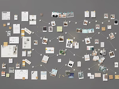 Creative Wall Display With Photos Papers Star Clips And Strings 3d model