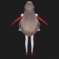 Woman in Festive Christmas Dress with Red Green Patterns Long Hair and Red Shoes