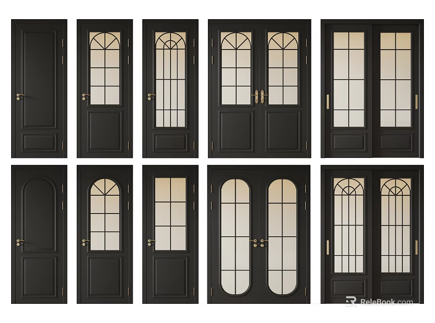Black Hinged Doors with Glass Panels Single and Double Designs and Decorative Patterns 3d model