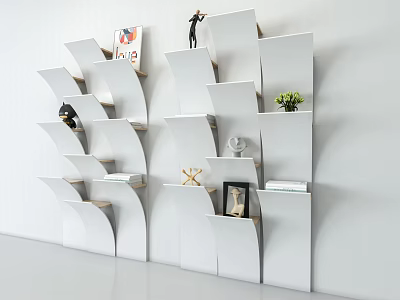Modern White Geometric Bookshelf With Multi Layer Shelves Decorative Books Sculpture Green Plant And Frame 3d model