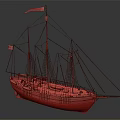 Classic Wooden Ship With Tall Masts Red White Flags And Dark Hull Design