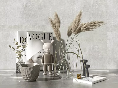 Modern Minimalist Decorative Ornament Set With VOGUE Magazine Pampas Grass Rabbit Figurine Woven Vase And Geometric Decor 3d model