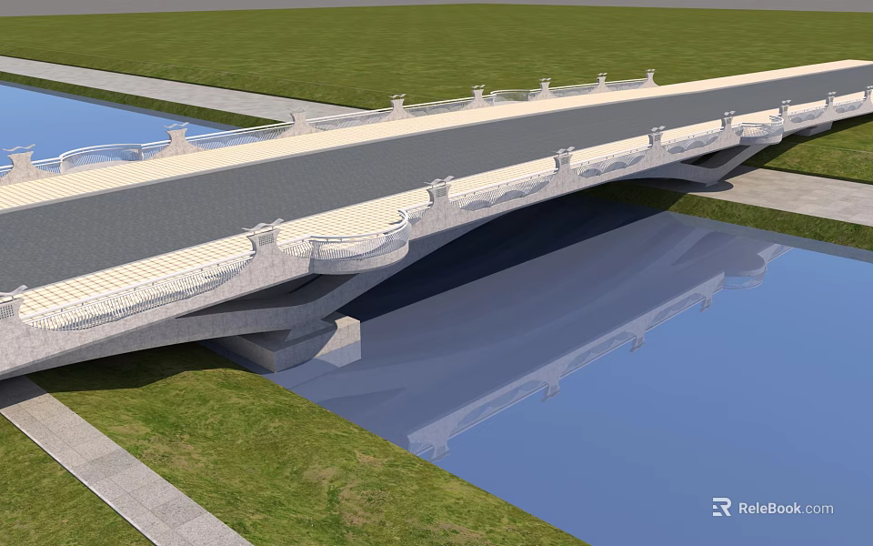 Elegant Stone Bridge With Decorative Railings Over Calm Water And Lush Green Grass 3d model 