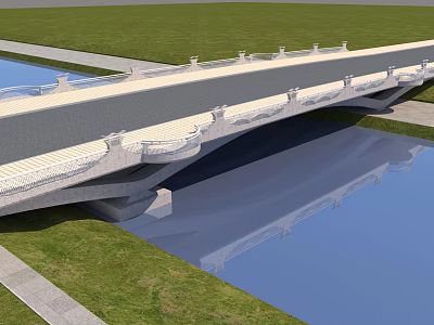 Elegant Stone Bridge With Decorative Railings Over Calm Water And Lush Green Grass 3d model