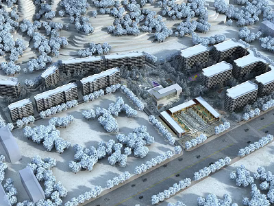 Aerial View of Snowy Landscape With Neatly Arranged Buildings and Snow Covered Trees 3d model