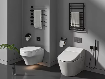 Modern Gray Bathroom With Wall Hung And Floor Standing Toilets Towel Rails And Green Plant 3d model