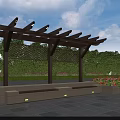 Outdoor Wooden Pergola With Stone Benches Green Plants And Flower Beds Under Blue Sky